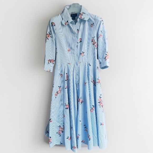 Gracia Women's Striped and Embroidered Flowers Midi Shirt Dress Size Small - Picture 1 of 12